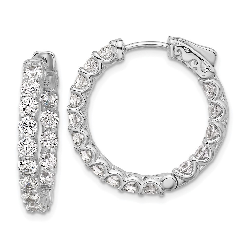 925 Sterling Silver 3mm CZ 32 Stone In and Out Hinged Hoop Earrings